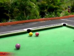 Bigtitted Tgirl fondles bigtits and jacks off on pool table