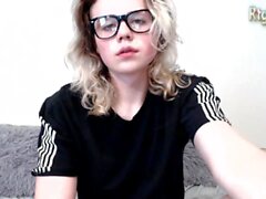 petite shemale cutie in glasses stroking her big cock until she cum shottting