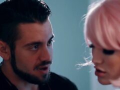 Pink haired shemale lets sad stepbro bareback her wet ass
