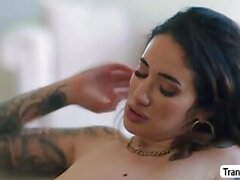 Horny tattooed MILF gets her hairy pussy fucked by TS stepteen